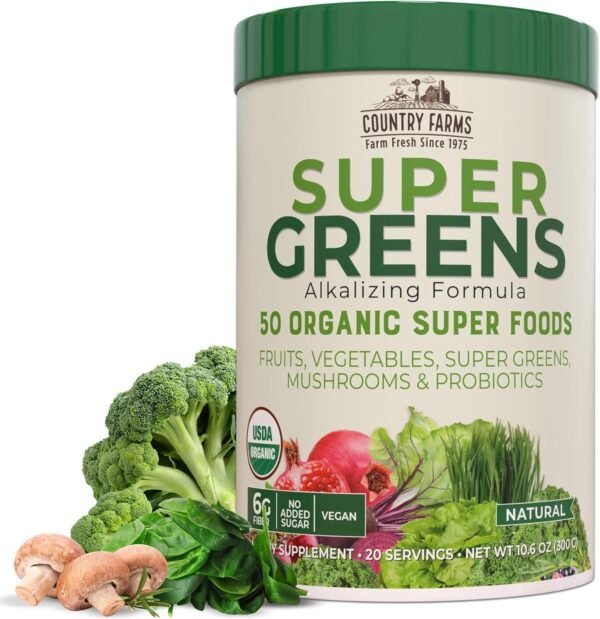 Country Farms Super Greens Natural Flavor, 50 Organic Super Foods, USDA Organic Drink Mix, Fruits, Vegetables, Super Greens, Mushrooms & Probiotics, Supports Energy, 20 Servings, 10.6 Oz - Image 2