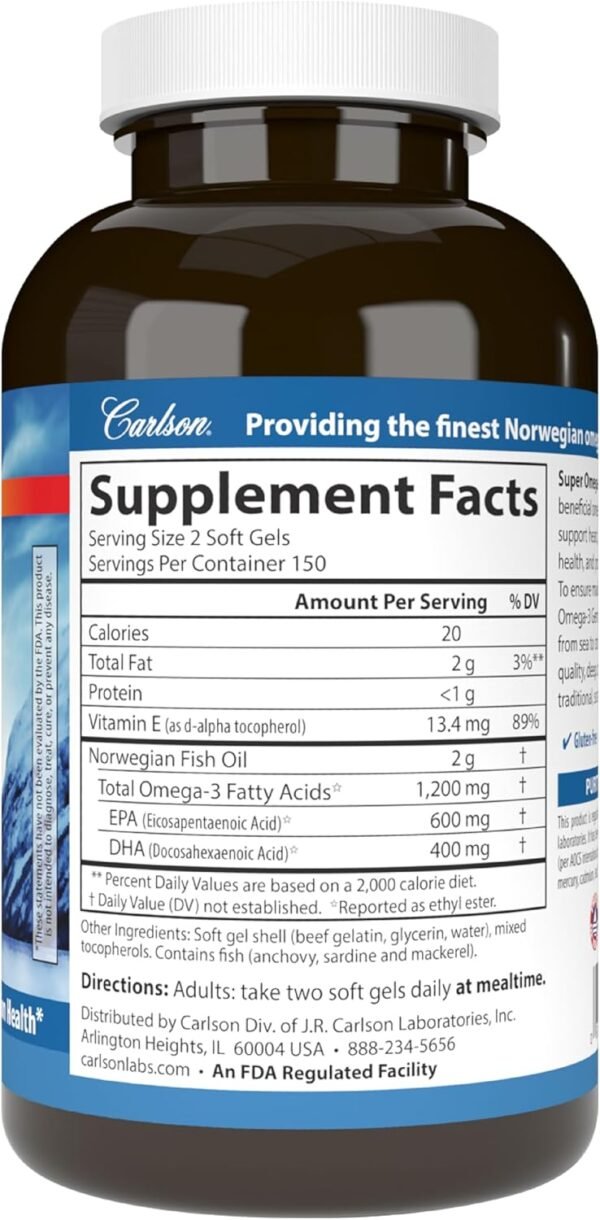 Carlson - Super Omega-3 Gems, 1200 mg Omega-3 Fatty Acids with EPA and DHA, Wild-Caught Norwegian Fish Oil Supplement, Sustainably Sourced Capsules 300 Softgels - Image 7
