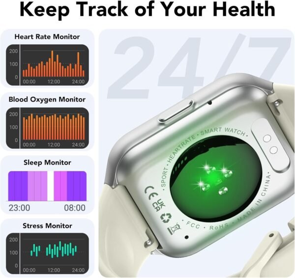 Smart Watch for Men Women, 1.96" Smartwatch (Answer/Make Call), IP68 Waterproof Fitness Tracker, 112+ Sport Modes, Heart Rate and Sleep Monitor, Pedometer, Smartwatches for Android iOS, Beige White - Image 3