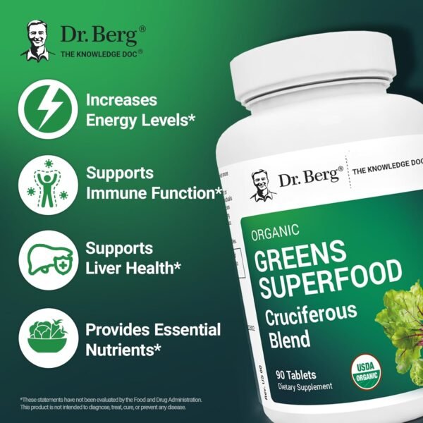 Dr. Berg's Greens Superfood Cruciferous Vegetable Tablets - Vegetable Supplements for Adults w/ 11 Phytonutrient Super Greens Tablets - Energy, Immune System & Liver Veggie Tablets - 90 Tablets - Image 4