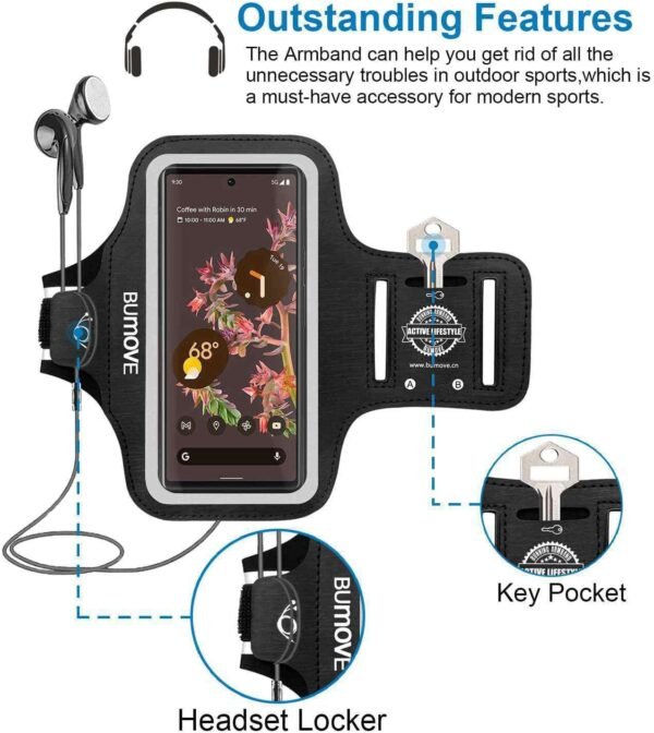 Pixel 9 Pro XL /8 Pro/7 Pro/Armband, BUMOVE Gym Running Workouts Sports Phone Arm Band for Google Pixel 9 Pro XL, 8 Pro,7 Pro, 6 Pro, with Card Holder (Black) - Image 3