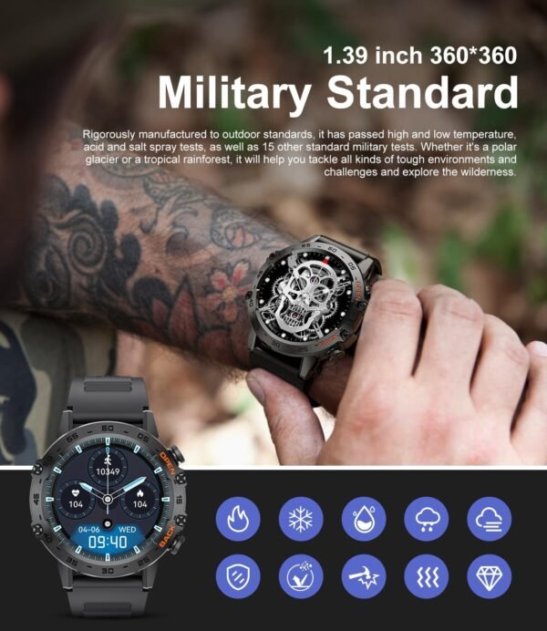 Military Smart Watch for Men(Answer/Dial Calls),100 Sports Modes, 5ATM Waterproof Fitness Watch with Heart Rate/SpO2/Blood Pressure for Android and iOS,1.39''HD DIY Screen Smartwatch Black - Image 5