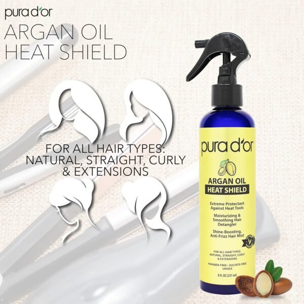PURA D'OR 8 Oz Argan Oil Heat Shield Protectant Spray with Select Organic Ingredients, Protects Up To 450º F From Flat Iron & Hot Blow Dry, Leave-In, Define & Shine Dry & Damaged Hair - Image 4