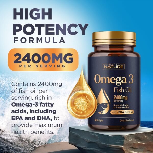 Omega 3 Fish Oil Supplement – 2400mg Fish Oil with EPA & DHA Omega-3 Fatty Acids from Sustainably Sourced Wild Caught Peruvian Anchovy - Heart & Brain Health Support - Non-GMO - 60 Softgels - Image 4
