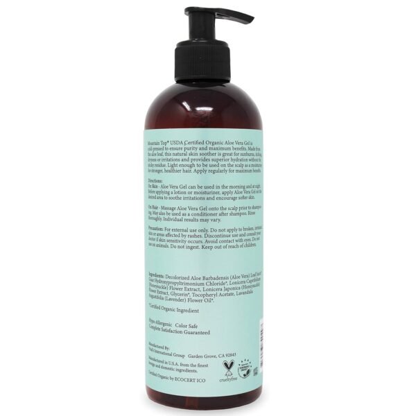 MOUNTAIN TOP Organic Aloe Vera Gel (16 fl oz / 473 mL) USDA Certified 100% Pure & Natural - For Extremely Dry & Itchy Skin - Image 3