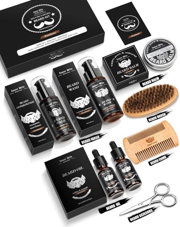Beard Grooming Kit with 2 Pack Beard Original Oil, Beard Balm, Wash & Conditioner for After Shave Lotions-Sandalwood, Beard Brush, Combs, Valentine's Day Christmas Fathers Gifts for Dad or Men - Image 9