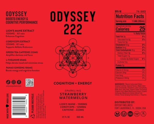 Odyssey Elixir - Odyssey 222 - Sparkling Energy Drink - 222 mg of Caffeine - Lion's Mane & Cordyceps - Energy & Focus - Endurance & Stamina - Nootropic - Pre Workout - Strawberry Watermelon - Image 5