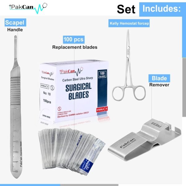 5-Piece Dermaplaning Tool Kit - #10 Carbon Steel Dermaplaning Blades (100) with No.3 Steel Handle, Hemostat for Blade Installation and Blade Remover - FREE Carrying Case - Image 3
