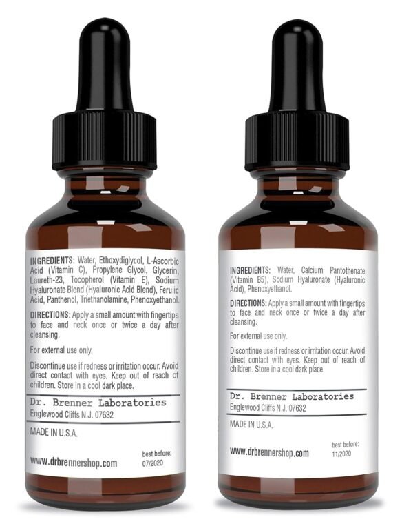 Vitamin C Serum 20% Pure L-Ascorbic Acid, Ferulic Acid, Vitamin E and HA and Hyaluronic Acid Serum with Vitamin B5 for Face and Eyes Natural Anti Aging Anti Wrinkle Set of 2 by Dr. Brenner - Image 3