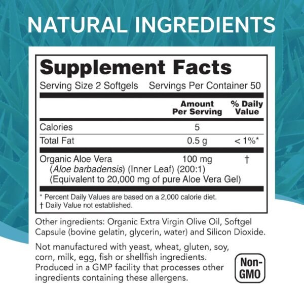 Aloe Vera Supplement (100 Softgels) 20,000mg Pure Gel Equivalency – Made with Organic Aloe Vera - Image 4