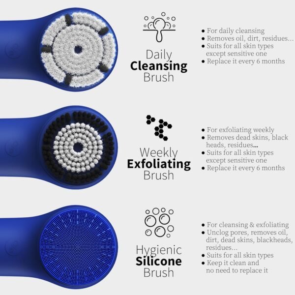 Spinning & V-Sonic Face Scrubber, NågraCoola 3.0 Facial Cleansing Brush, Waterproof & Rechargeable Face Scrub Brush for Men & Women with 3 Brushes, 3 Intensities, 2 Action Modes - Blue - Image 4