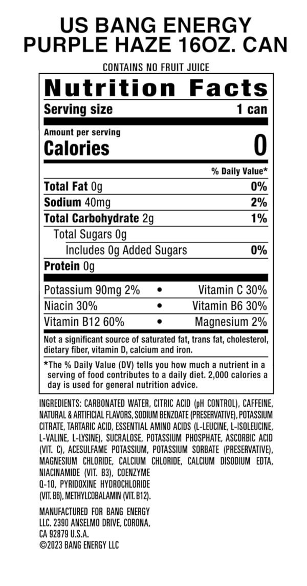 Bang Energy Purple Haze, Sugar-Free Energy Drink, 16 Ounce (Pack of 12) - Image 7