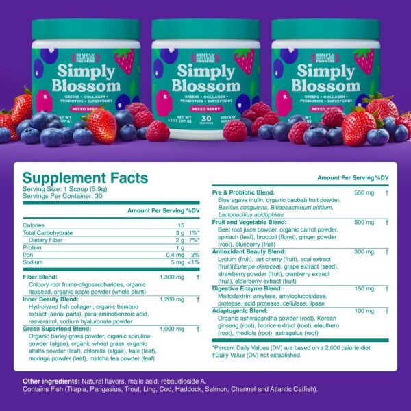Simply Nature's Promise Blossom Nutrition - Daily Greens & Superfood Powder + Collagen + Probiotics for Women's Digestive Health & Bloating Relief. Help Your Health Bloom - 30 Day Supply - Image 3
