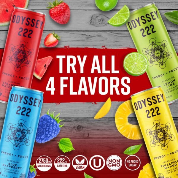 Odyssey Elixir - Odyssey 222 - Sparkling Energy Drink - 222 mg of Caffeine - Lion's Mane & Cordyceps - Energy & Focus - Endurance & Stamina - Nootropic - Pre Workout - Strawberry Watermelon - Image 4