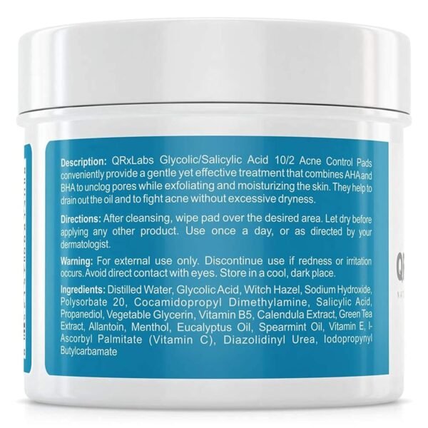 QRxLabs Glycolic + Salicylic Acid Acne Control Pads with 10% Ultra Pure Glycolic & 2% Salicylic, Allantoin, Vitamin B5, C & E, Calendula & Green Tea - Acne Treatment for Clear Skin - Image 8