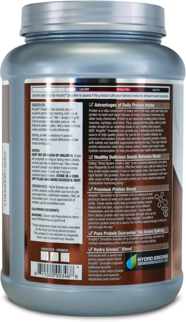 AMPLIFY NDS Nutrition Smoothie Premium Whey Protein Powder Shake with Added Greens and Amino Acids - Build Lean Muscle, Gain Strength, Lasting Energy, and Lose Fat - Double Chocolate (30 Servings) - Image 4