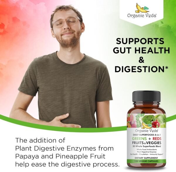 Organic Veda Super Greens Reds Veggies Capsules - 8 in 1 Daily 30 Whole Organic Superfoods Fruits & Vegetables Supplement - Papaya Enzymes, Spirulina, Chlorella, Moringa, Beet, Turmeric - 120 Vegan - Image 8