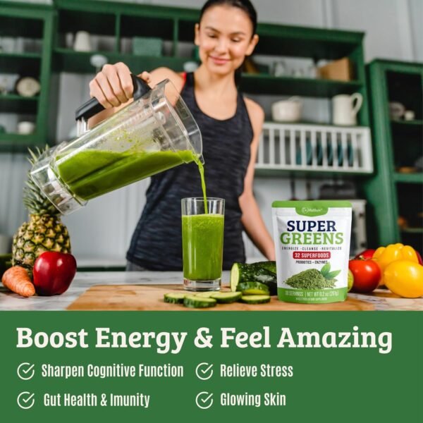 Green Juice Powder. Supergreens Superfood Powder. Detox Greens for Bloating and Digestion. Veggie Powder with Probiotics & Enzymes. Chlorella, Spirulina, Wheat Grass, Ashwagandha. 32 Superfoods - Image 3