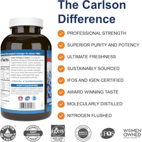 Carlson - Super Omega-3 Gems, 1200 mg Omega-3 Fatty Acids with EPA and DHA, Wild-Caught Norwegian Fish Oil Supplement, Sustainably Sourced Capsules 300 Softgels - Image 3
