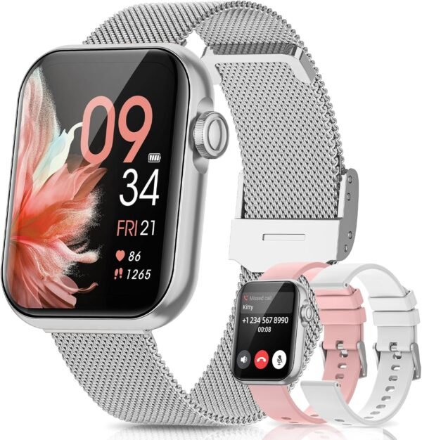 Smart Watch, 1.85" Android Smart Watches for Women, Fitness Tracker Watch with Blood Pressure/Heart Rate/Sleep Monitor, Bluetooth Smartwatch for Android/iOS Phones, Fitness Watch for Women (3 Bands) - Image 2