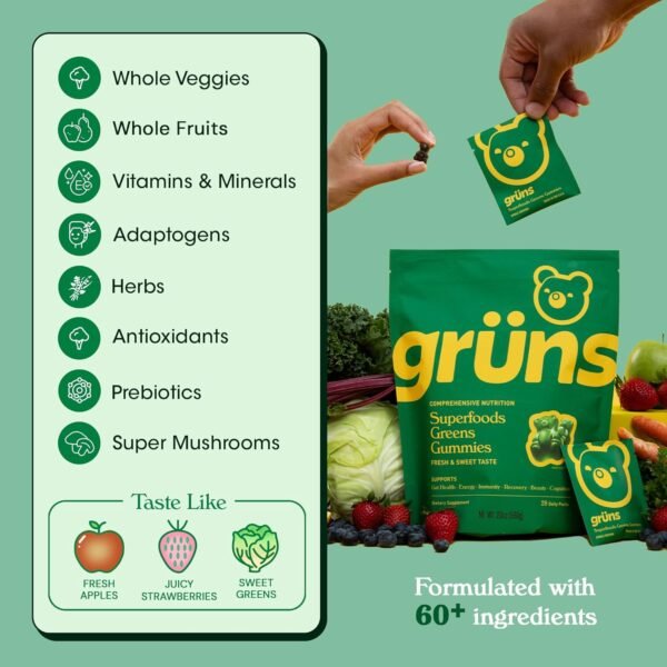 Gruns Adults Super Greens Gummies, Superfood Gummy Bears with Spirulina, Chlorella & Prebiotics for Digestive Health - Adaptogens Supplement with 20 Vitamins & Minerals, Low Sugar- 1 Month Supply - Image 8