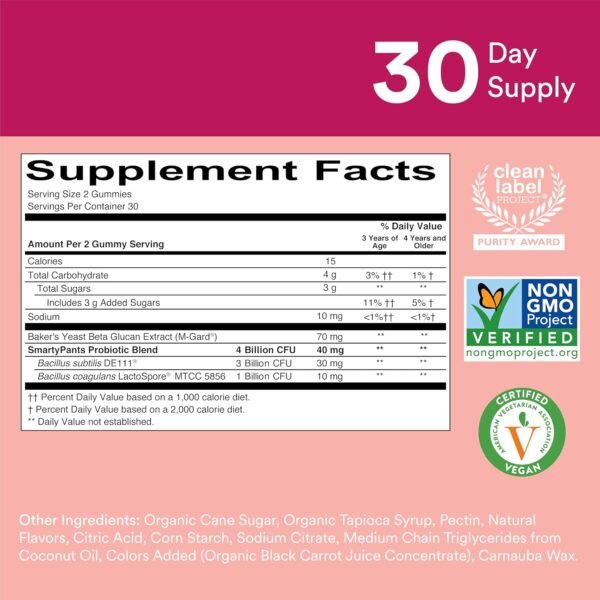 SmartyPants Kids Probiotic Immunity Gummies: Prebiotics & Probiotics for Digestive Health and Immune Support Supplement, Gluten Free, Vegan, Strawberry Crème Flavor, 60 Count (30 Day Supply) - Image 4