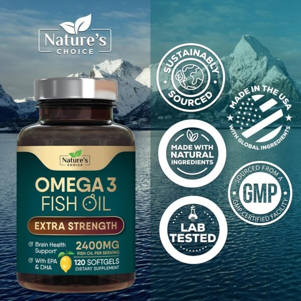 Triple Strength Omega 3 Fish Oil 2400 mg Supplement, Nature's Omega-3 Supplements, Brain & Heart Health Support - EPA & DHA, Fish Oil in Each Softgel, Fatty Acids Fish Oil Supplement - 120 Softgels - Image 5