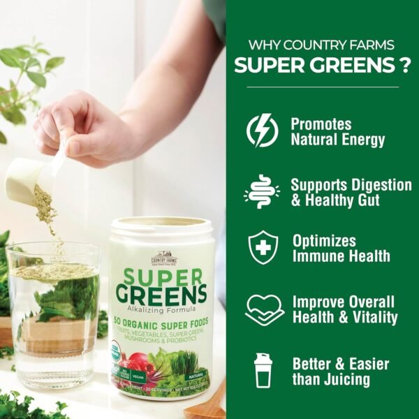 Country Farms Super Greens Natural Flavor, 50 Organic Super Foods, USDA Organic Drink Mix, Fruits, Vegetables, Super Greens, Mushrooms & Probiotics, Supports Energy, 20 Servings, 10.6 Oz - Image 5