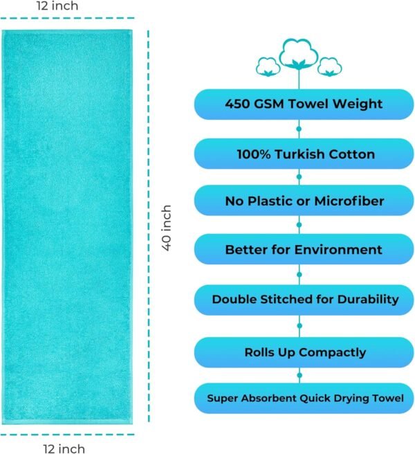 NUKURA Sweat Towel, Extra Soft and Absorbent, 100% Turkish Cotton Towels, 12’’ x 40’’, Running, Neck Towel, Tennis, Camping, 450 GSM, Turquoise - Image 3