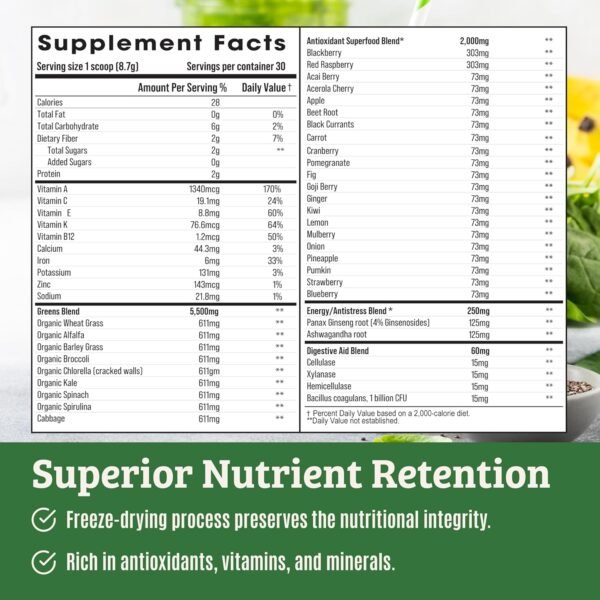Green Juice Powder. Supergreens Superfood Powder. Detox Greens for Bloating and Digestion. Veggie Powder with Probiotics & Enzymes. Chlorella, Spirulina, Wheat Grass, Ashwagandha. 32 Superfoods - Image 6