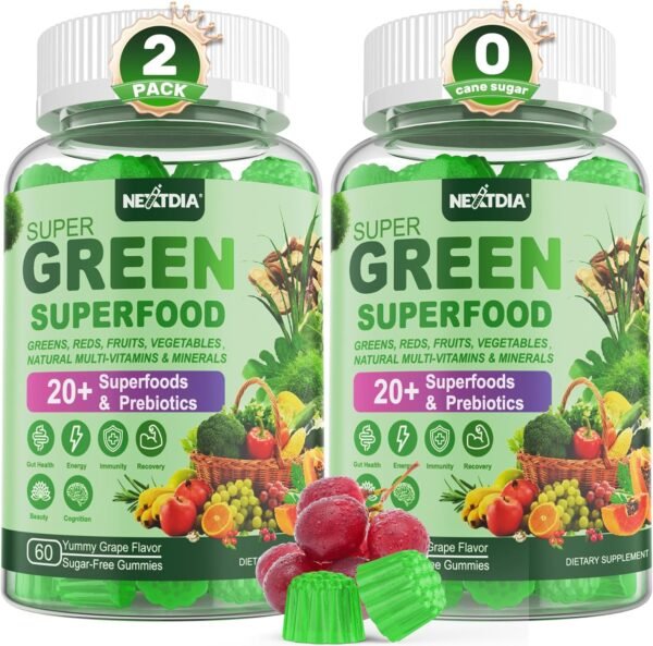 Super Greens Gummies, Greens Superfood Powder Alternative w/Spirulina, Chlorella, Prebiotic Fiber, Probiotic, Fruit Veggie, Daily Greens Vegetable for Digestive & Gut Health, Immunity, Focus, 120 Cts - Image 2
