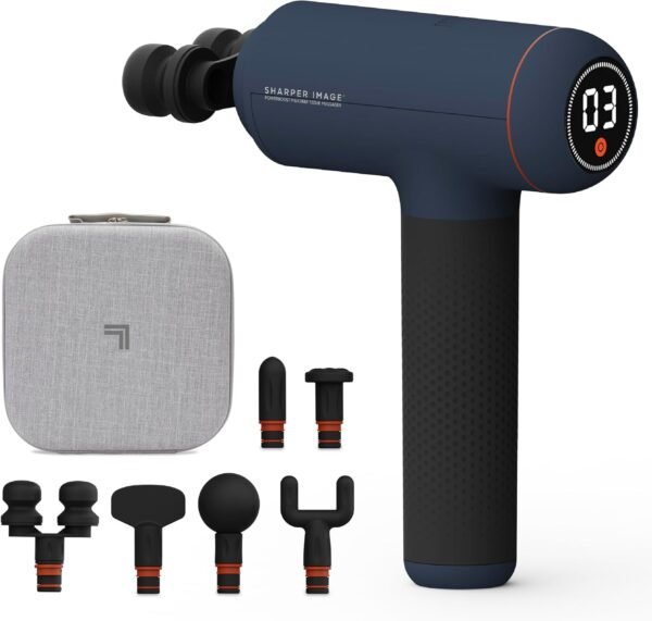 Sharper Image Powerboost Max Massage Gun with 6 Attachments, Quiet Motor, Ergonomic Grip, 7-Speed Lightweight Percussion Massager, Deep Tissue Full Body Muscle Recovery & Pain Relief - Blue - Image 2