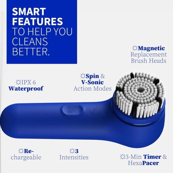 Spinning & V-Sonic Face Scrubber, NågraCoola 3.0 Facial Cleansing Brush, Waterproof & Rechargeable Face Scrub Brush for Men & Women with 3 Brushes, 3 Intensities, 2 Action Modes - Blue - Image 5