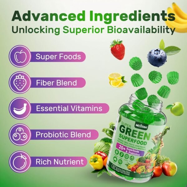 Super Greens Gummies, Greens Superfood Powder Alternative w/Spirulina, Chlorella, Prebiotic Fiber, Probiotic, Fruit Veggie, Daily Greens Vegetable for Digestive & Gut Health, Immunity, Focus, 120 Cts - Image 9