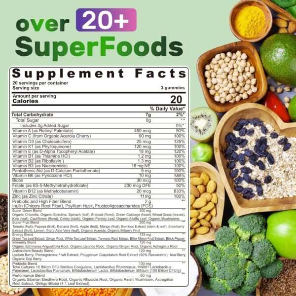 Super Greens Gummies, Greens Superfood Powder Alternative w/Spirulina, Chlorella, Prebiotic Fiber, Probiotic, Fruit Veggie, Daily Greens Vegetable for Digestive & Gut Health, Immunity, Focus, 120 Cts - Image 3