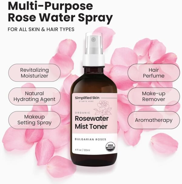Rose Water Spray for Face & Organic Rose Water for Hair - USDA Certified Rosewater Facial Toner - Alcohol-Free Makeup Setting Hydrating Face Mist - Anti-Aging Bulgarian Rose Water Toner Spray - 4 Oz - Image 6