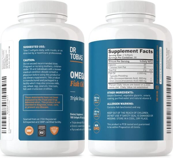 Dr. Tobias Omega 3 Fish Oil, 2000mg Triple Strength with 800mg EPA 600mg DHA Per Serving, Fish Oil Omega 3 Supplements for Heart, Brain & Immune Support, 360 Softgels, 180 Servings - Image 8