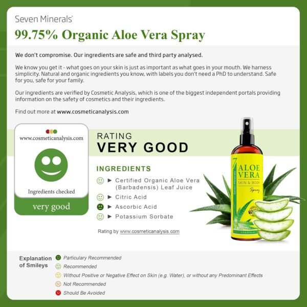 Seven Minerals, Organic Aloe Vera Spray for Body & Hair - From Freshly Cut Aloe Plant, Extra Strong, Easy to Apply, No Thickeners So It Absorbs Rapidly, No Sticky Residue - Made in USA (Big 12 fl oz) - Image 4