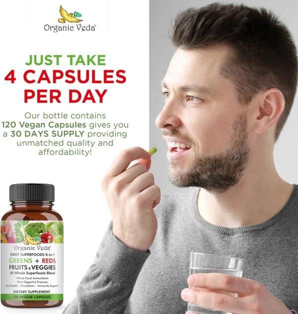 Organic Veda Super Greens Reds Veggies Capsules - 8 in 1 Daily 30 Whole Organic Superfoods Fruits & Vegetables Supplement - Papaya Enzymes, Spirulina, Chlorella, Moringa, Beet, Turmeric - 120 Vegan - Image 6