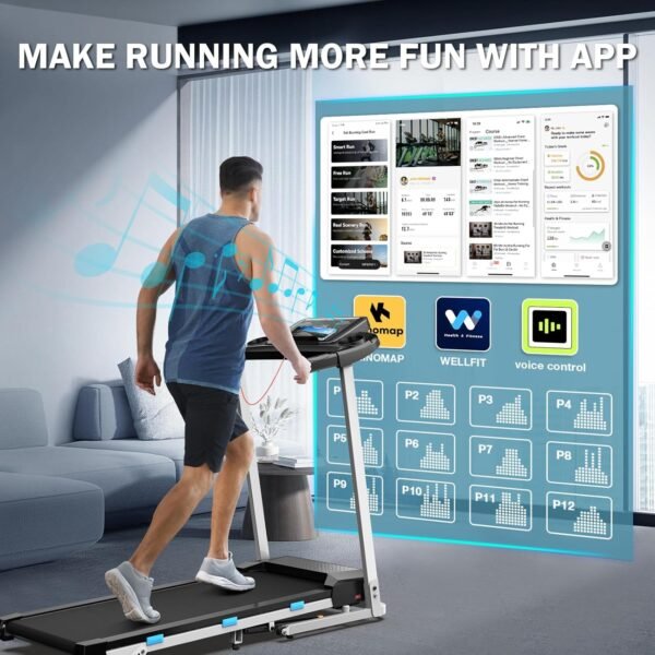 COZYINN Foldable Treadmill with Incline for Home Small - 350 lb Capacity, 3.0HP Quiet Folding Treadmill with Pulse Sensor and Bluetooth Speaker, App/Voice Control, 3 Level Incline, 7.6 MPH - Image 6