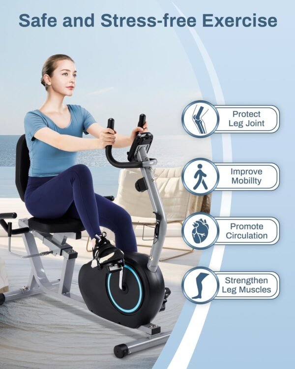 Recumbent Exercise Bike for Seniors - Quick Adjust Seat, Magnetic Recumbent Bike with Quiet 16-Level Resistance, 400LB Weight Capacity, Backlit LCD Monitor, Heart Rate Handle - Image 8