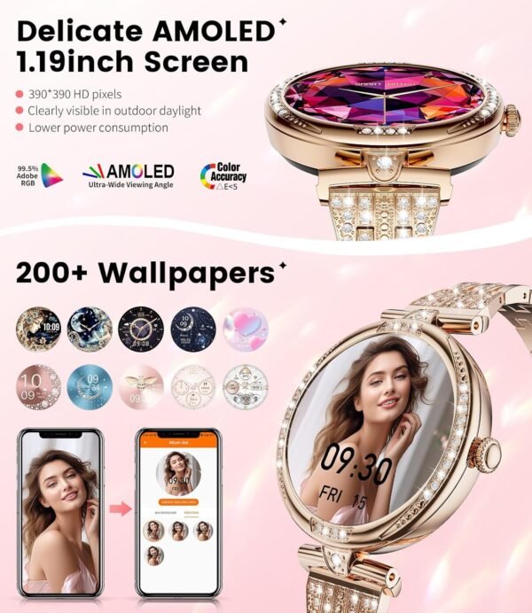 LIGE Smart Watches for Women (Answer/Make Call) with Diamonds，1.19” AMOLED Smartwatch with Heart Rate/SpO2/Sleep Monitor,IP68 Waterproof Fitness Tracker 111 Sport Modes Pedometer for Android iOS,Gold - Image 4