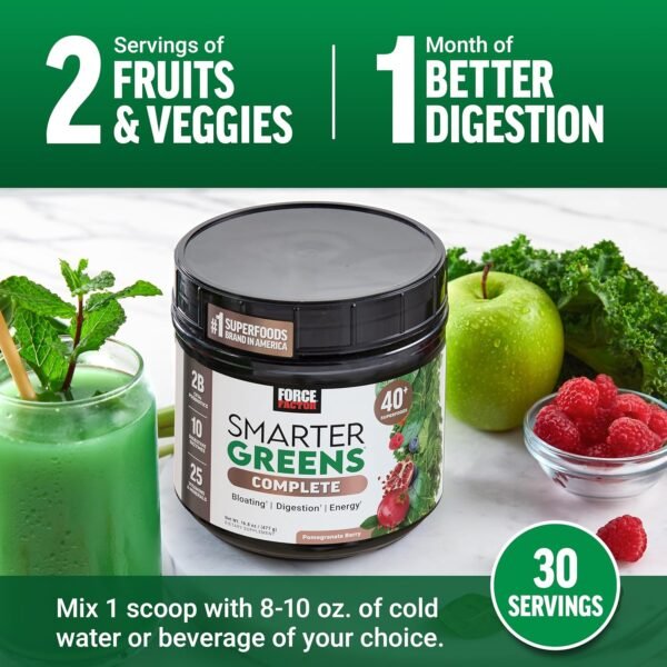 Force Factor Smarter Greens Superfoods Powder to Support Digestion, Gut Health, Bloating, Greens Powder with Probiotics, Prebiotics, Digestive Enzymes, & Adaptogens, Pomegranate Berry, 30 Servings - Image 5