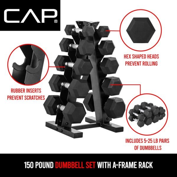 Cap Barbell 150 LB Dumbbell Set with Rack - Image 6