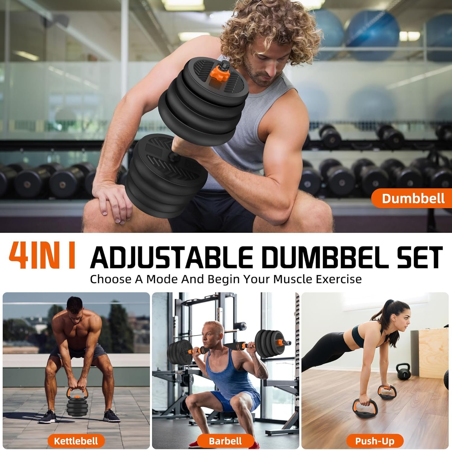 4 in 1 Adjustable Dumbbell Set with Connecting Rod Used as Barbell, Kettlebells, Push up Stand, Fitness Exercises for Home Gym, Orange - 20/30/50 Pounds - Image 3