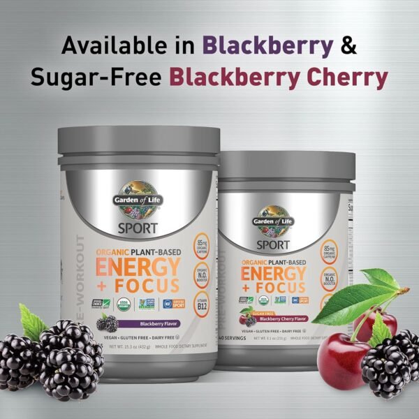 Garden of Life Sport Organic Plant-Based Energy + Focus Vegan Clean Pre Workout Powder, Sugar & Gluten Free BlackBerry Cherry with 85mg Caffeine, Natural NO Booster, B12, 40 Servings, 8.14 Oz - Image 5