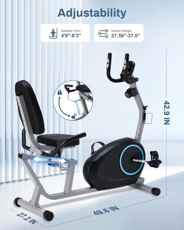 Recumbent Exercise Bike for Seniors - Quick Adjust Seat, Magnetic Recumbent Bike with Quiet 16-Level Resistance, 400LB Weight Capacity, Backlit LCD Monitor, Heart Rate Handle - Image 5