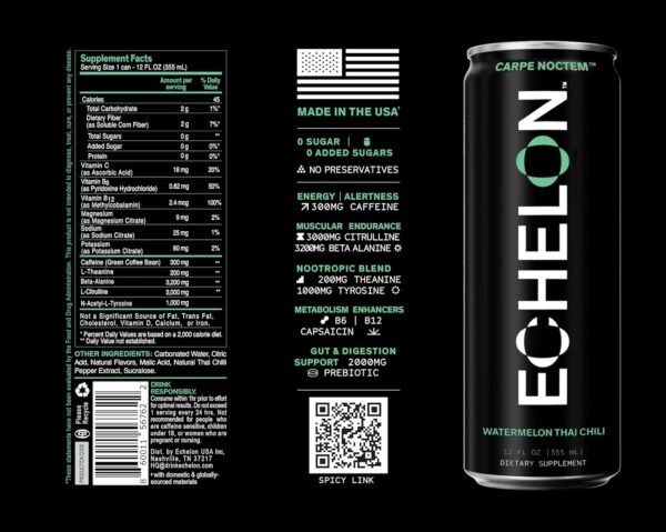 Echelon Pre-Workout Energy Drink - 12-Pack, Watermelon Chili - Peak Performance, Sustained Energy, Focus and Endurance Dietary Supplement - 300mg of Caffeine, Beta-Alanine, L-Theanine & Fiber - Vegan - Image 6