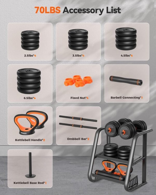 FEIERDUN Adjustable Dumbbells, 20/30/40/45/70/90lbs Free Weight Set with Connector, 4 in1 Dumbbells Set Used as Barbell, Kettlebells, Push up Stand, Fitness Exercises for Home Gym Suitable Men/Women - Image 9