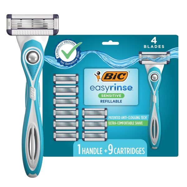 BIC EasyRinse Sensitive Anti-Clogging, Refillable Men's Razors With 4 Blades, 1 Handle and 9 Refill Razor Cartridges Razor Kit - Image 2
